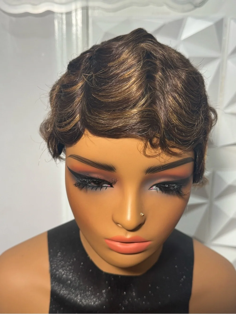 100% Human Hair Pixie Cut Wig Glueless Finger Wave Style Brown Highlight 4/27 Sh